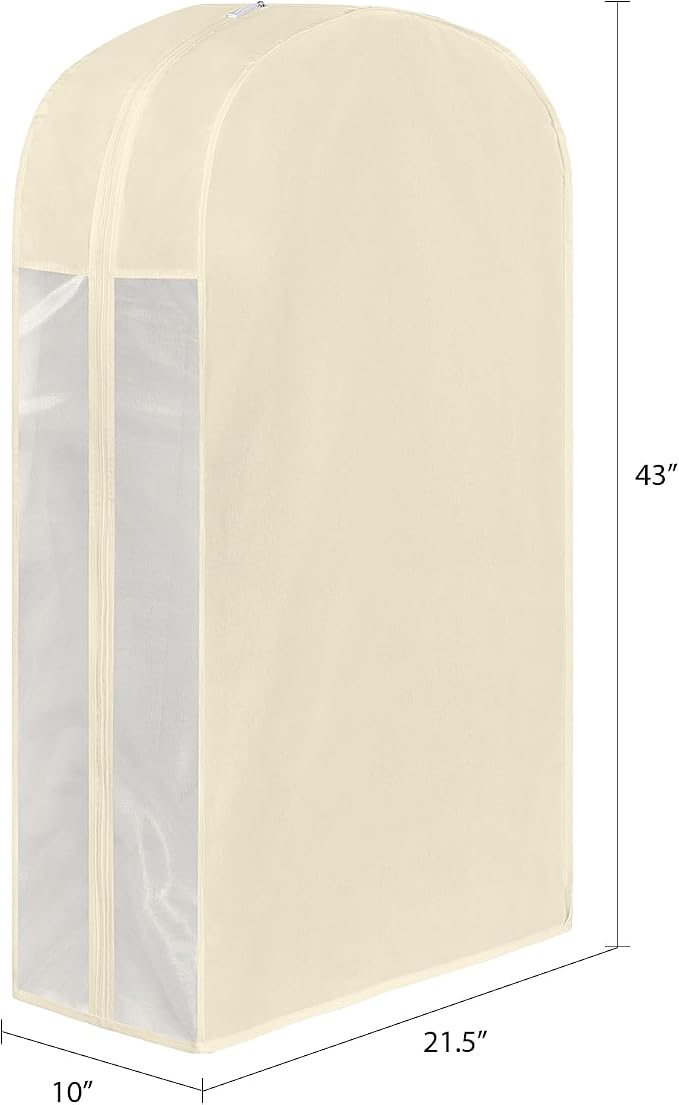 43" Premium Cotton Garment Bag for Hanging Clothes, Breathable Suit Bags for Closet Storage with Extre Large 10" Gusseted & Clear Window, Dust Cover with Zipper for Suits, 3 Pack, Beige - Image 2