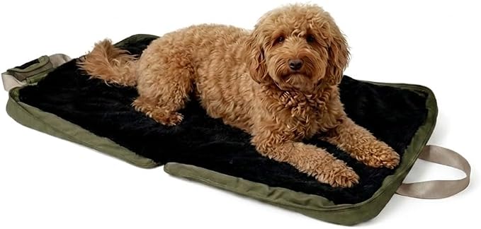 4 Cats & Dogs Gus Travel Bed – Portable Foldable Dog Bed & Pet Cushion Mat with Soft Faux Fur, Water-Resistant Nylon, Zippered Suitcase Design for Camping & Travel- Medium (29.5″ x 39.5″), Army by 4CatsDogs