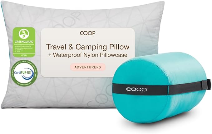 Coop Home Goods Original Adjustable Travel Pillow and Waterproof Pillow Protector Grey Bundle with Compressible Stuff Sack, Medium-Firm Memory Foam and Washable Cover, CertiPUR-US Certified (19x13) by CoopSleepGoods