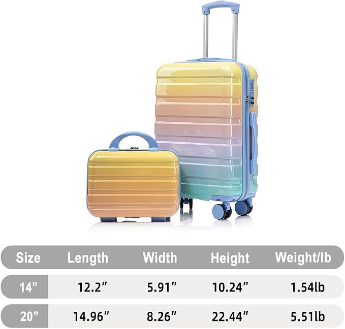 Gradient Color Suitcase 2-Piece Set, 20" Rotating Wheel Suitcase with 14" Cosmetic Case, Lightweight Durable Hardshell Luggage with 360° Spinner Wheels for Travel, Women & Girls (Blue+Yellow) - Image 9