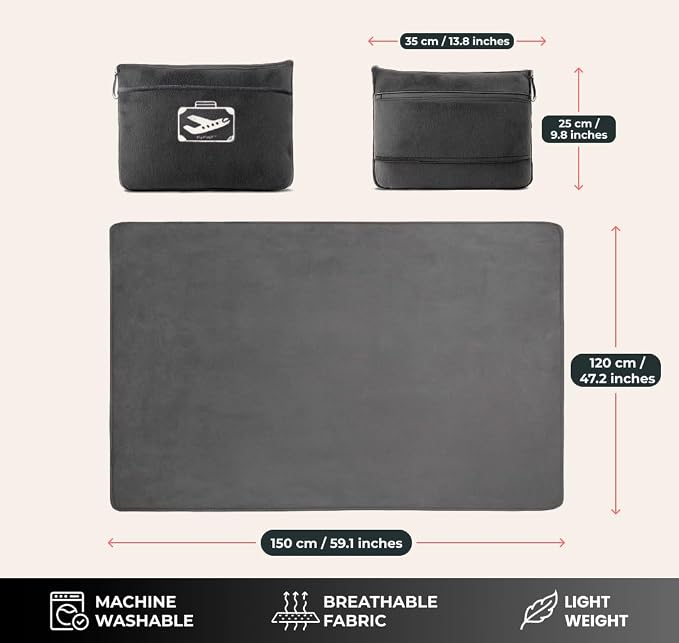 FlyHugz Grey Travel Blanket & Pillow Set (59.1"x47.2") with Carry Case, Luggage Sleeve & Clip – Portable, Lightweight, Breathable & Washable – Perfect for Plane, Car, Camping & Travel - Image 5