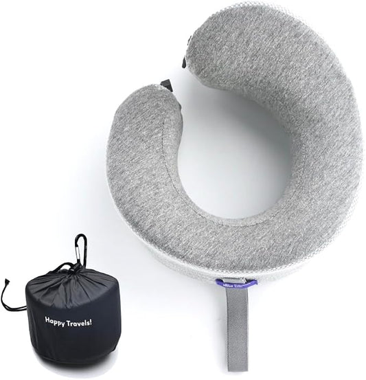 C CUSHION LAB Travel Pillow, Award-Winning Patented Ergonomic Design for Chin & Neck Support Memory Foam Neck Pillow, Compact Airplane Pillow for Traveling, Flight, Car (Gray, Large) by CUSHIONLAB