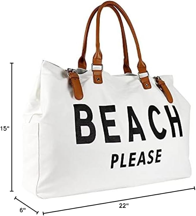 Lamyba Beach Bag with Vegan Leather Handle, Extra Large Beach Bag for Women Waterproof Sandproof, White | with Vegan Leather Handle - Image 8
