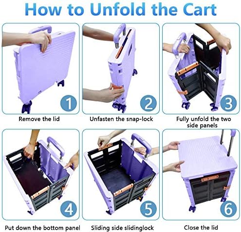 Quick Utility Cart Folding Portable Rolling Crate Handcart with Durable Heavy Duty Plastic Telescoping Handle Collapsible 4 Rotate Wheels for Travel Shopping Moving Luggage Office Use (Purple) - Image 4