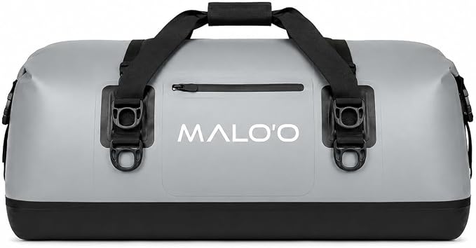 Malo’o Waterproof Dry Duffel, Heavy-Duty Roll Top Waterproof Gear Bag with Shoulder Strap & Molle Loops, Marine Duffel for Kayaking, Boating, Camping, Beach & Travel, Grey, 100L by Maloo