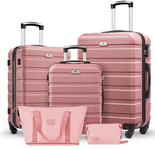 Suitour Luggage Sets 5 Piece, 20, 24, 28 inch Hardside Carry-on and Checked Suitcase Set with Expandable Travel Duffle Bag Sets（Rose Gold） by Suitour