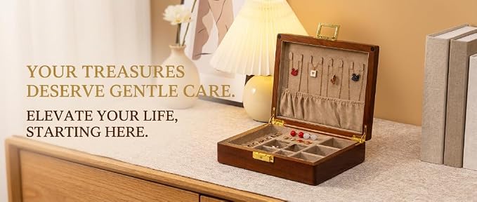 Solid Black Walnut Jewelry Box with Lock and Key Large Capacity Vintage Wooden Organizer for Women and Men Ring Necklace Earring Cufflink Storage Compartments Removable Dividers Gift - Image 8
