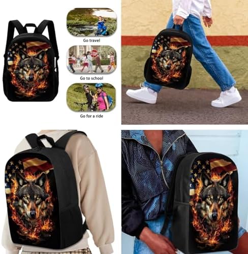 Wolf Printed Kid's Backpack 3Pcs Set - American Flag Wolf Printed School Book Bag for Boys Girls Teens With Lunch Box Pencil Case 3 in 1 - Image 2