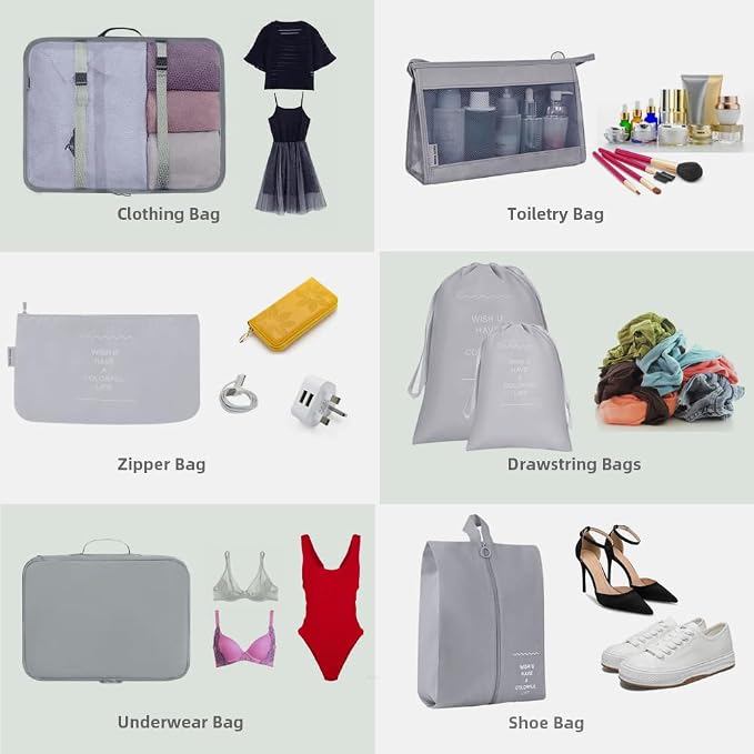 Packing Cubes for Suitcase, 9pcs Travel Luggage Packing Organizers Waterproof Travel Essentials Bag Clothes Shoes Storage Bags, Gray - Image 5