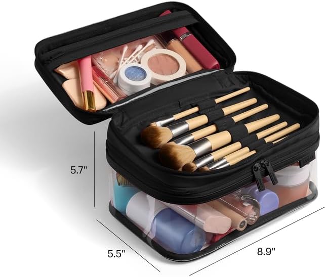 Away Clear Cosmetic Case - Water-Repellent Transparent Cosmetic Bag with 2 Compartments, Brush Holder, Interior Zip Pocket - Jet Black - Image 3