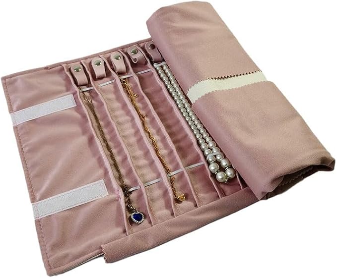 Travel Necklace Organizer, Tangle Free Jewelry Case, 16 Slots | Foldable,LightWeight Compact, Velvet Lining Jewelry Storage Bag for Chain Bracelet, Gift for Women Girls,Gray PU and Pink - Image 4