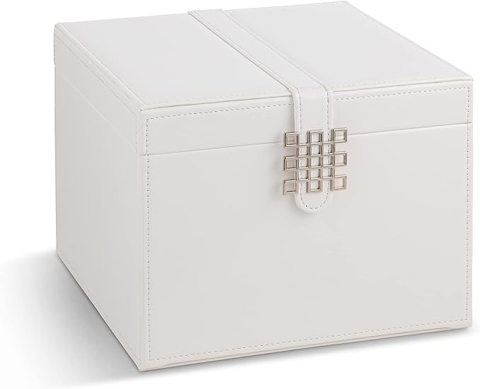 Glenor Co Earring Organizer Holder - 75 Small & 4 Large Slots Classic Jewelry Box with Drawer & Modern Closure, Mirror, 4 Trays Earrings, Ring or Chain Storage - PU Leather Case - White - Image 2