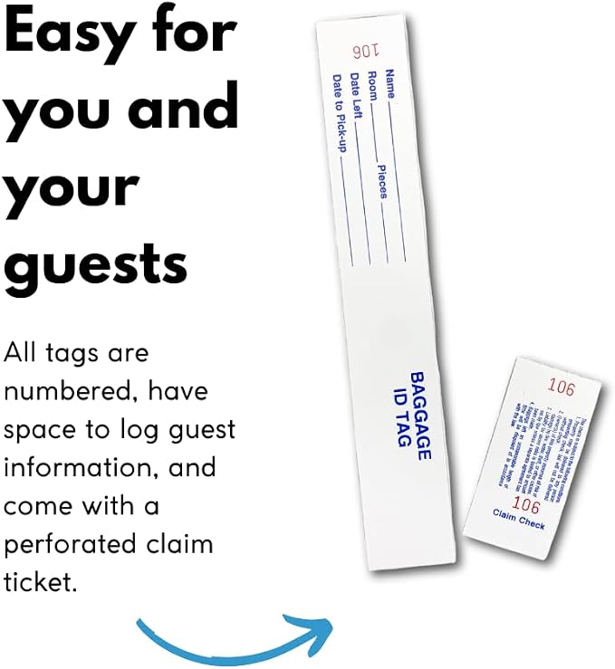 FrontDesk Supply Two-Piece Hotel Luggage Claim Tag with Transfer Tape, Serial Numbering, and Perforated Claim Ticket – Blank White Disposable Bag Tags for Hotel and Motel Bag Storage (Set of 1000) - Image 3