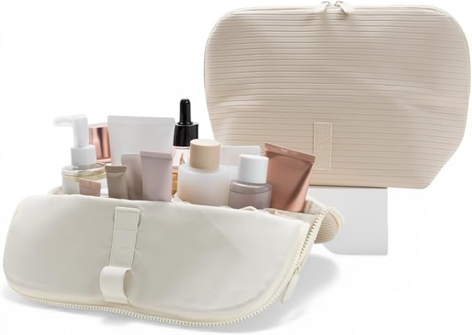 THE VERTI-Vertical Waterproof Makeup & Toiletry Bag | 23-Pocket Organizer with Upright, Fold-Down Design for Skincare, Toiletries & Essentials (Shell, Medium) by Unknown