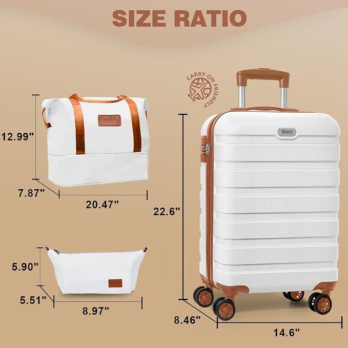 AnyZip Luggage Set 20 Inch Carry on Luggage PC ABS Hardshell Lightweight Suitcases for Travelling with 4 Universal Wheels TSA Lock White Brown - Image 3
