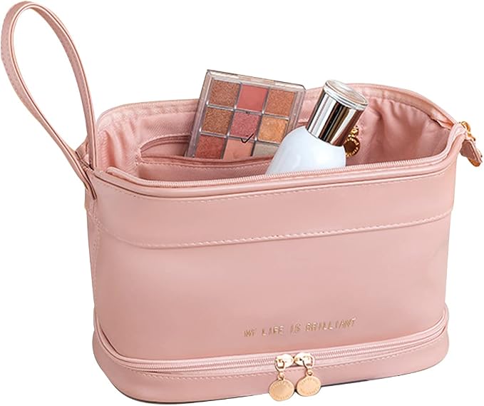 CORIOS Toiletry Bag For Women Portable Make Up Bag Waterproof Wash Bag PU Leather Cosmetic Bag Bathroom Shower Bag Multifunctional Travel Organizer For Shampoo, Cosmetics, Toiletries Pink B by CORIOS