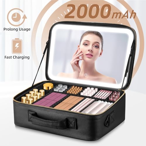 15''X11'' Large Capacity Makeup Bag with LED Mirror, Professional Makeup Case Organizer with 3 Color Light Adjustable Brightness, Travel Make up Cosmetic Case with Detachable Dividers & Shoulder Strap - Image 3