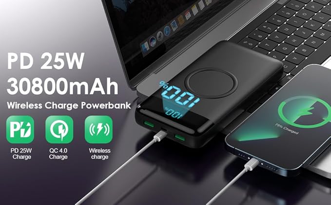 Wireless Portable Charger 30,800mAh,15W Wireless Charging USB C Power Bank,25W PD QC 4.0 Fast Charging 4 Outputs Travel Essentials Battery Pack Compatible with iPhone 17/16/15/14/13/12,Galaxy,Android