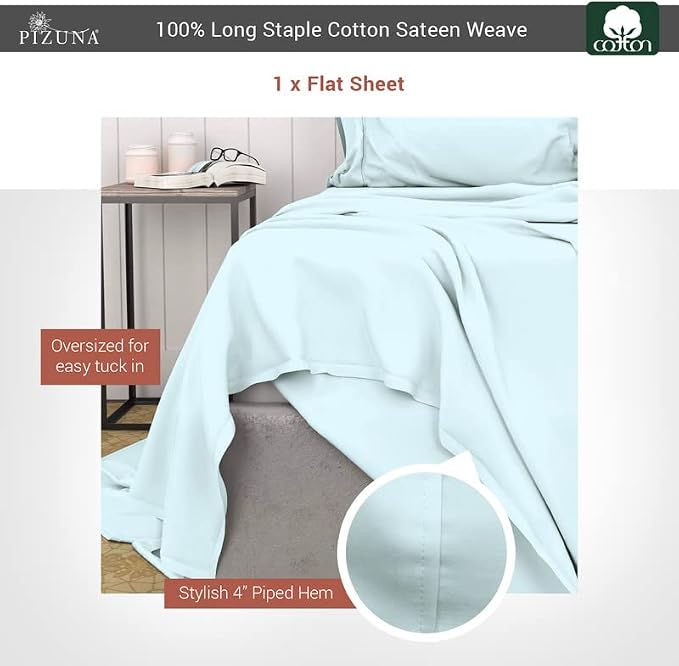 Pizuna Pure 100% Cotton Flat Sheets Only King Baby Blue (1 PC), Luxurious 400 Thread Count Long Staple Cotton Sateen with 4inch Hem (Combed King Flat Sheet Only Cotton) - Image 3