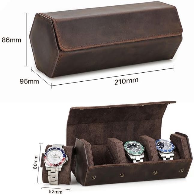 Genuine Leather Watch Roll Travel Case, Vintage Full Grain Leather Hexagon Watches Storage Organizer with Display Removable Pillows & Solid Dividers for Home Storage &Display(3 Slots) - Image 4