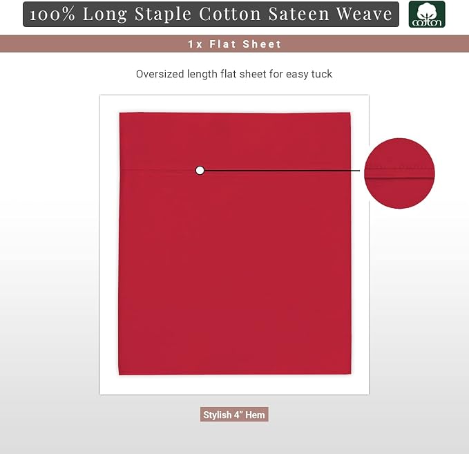 Pizuna Pure 100% Cotton Flat Sheets Only Twin XL Red Burgundy (1 PC), Luxurious 400 Thread Count Long Staple Cotton Sateen with 4inch Hem (Combed Twin XL Flat Sheet Only Cotton) - Image 3