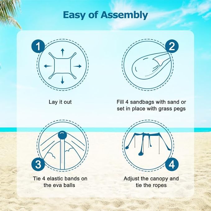 COMMOUDS Beach Tent Sun Shelter - UPF50+ Pop Up Beach Canopy with Sandbags & Sand Shovel & Windproof Poles, Portable Sun Shade for Beach, Camping, Picnics, Backyard - Image 6