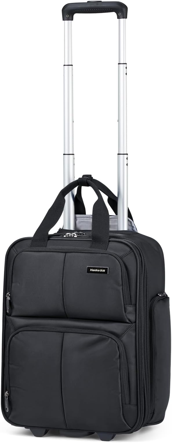 Hanke 16 Inch Underseat Carry On Luggage With Wheels, Small Rolling Suitcase Lightweight Under Seat Carry On Bag, Airline Approved Personal Item Overnight Softside Travel Luggage Bag,Black by Hanke