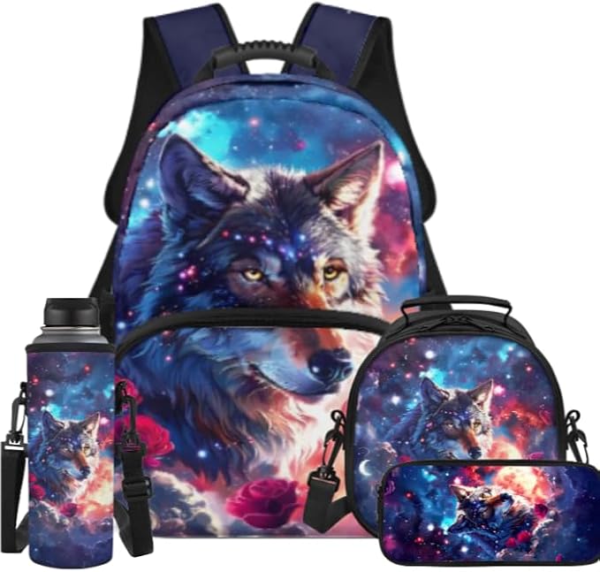 Resourceful Wolf 4pcs Backpack Set for Boys 17 Inch Student School Bag and Lunch Bag Pencil Case Water Bottle Cover for Ages 6-10 Elementary Preschool Kindergarten Primary Gifts Travel by Unknown