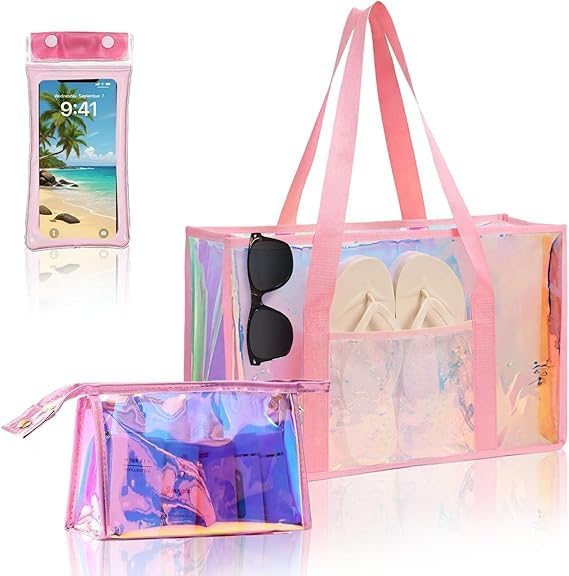 Iridescent Waterproof Beach Tote Bag for Women Large Jelly Tote Bag for Summer Travel Vacation Swim Pool by Cyrelwing
