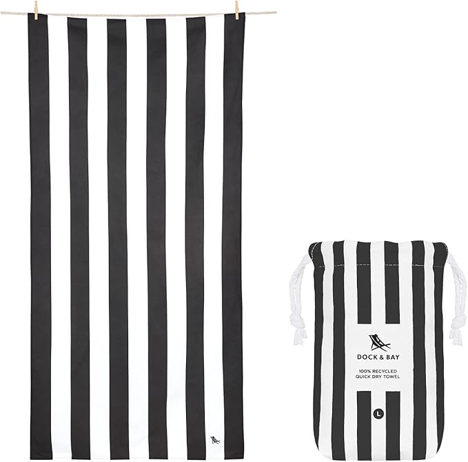 Dock & Bay Beach Towel - Quick Dry, Sand Free - Compact, Lightweight - 100% Recycled - Includes Bag - Cabana - Kamari Charcoal - Large (160x90cm, 63x35) by DockBay