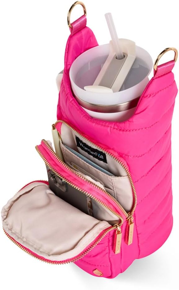 WanderFull Original HydroBag Handle®, Zipper for Handle, 40 oz Water Bottle Holder w/Strap, Crossbody Carrier Bag w/Phone Pocket, Tumbler Accessories - Pink Matte w/Striped Strap - Image 3