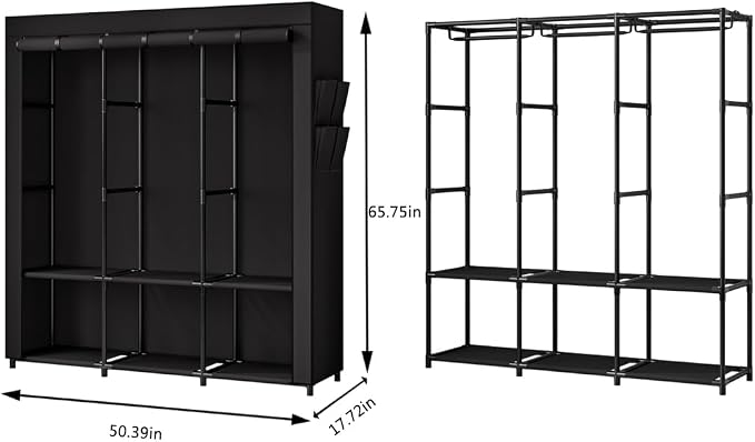 SORCEDAS Portable Closet Wardrobe Storage Organizer Metal Hanging Rack Non-Woven Fabric 50 Inch (Black) - Image 5