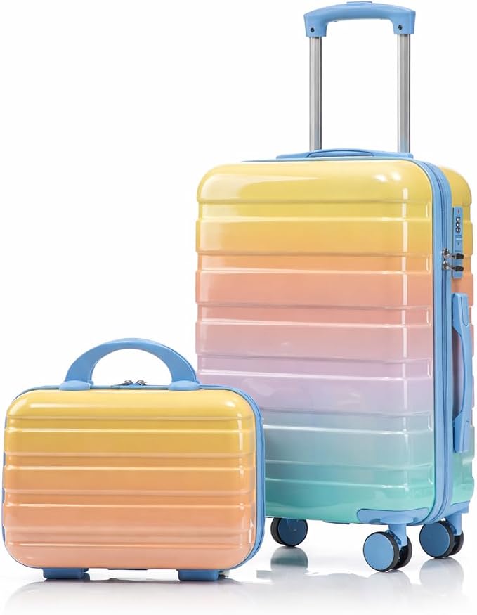 Gradient Color Suitcase 2-Piece Set, 20" Rotating Wheel Suitcase with 14" Cosmetic Case, Lightweight Durable Hardshell Luggage with 360° Spinner Wheels for Travel, Women & Girls (Blue+Yellow) by Unknown