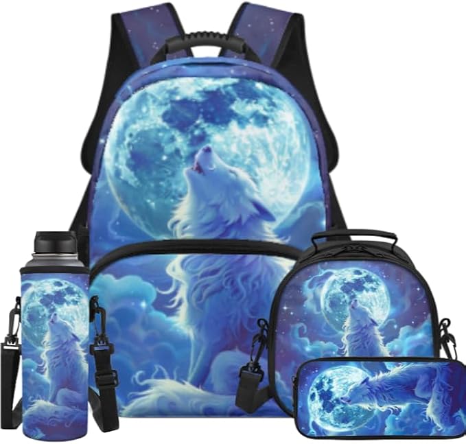 Elegant White Wolf Kids Backpack with Lunch Box Kindergarten Elementary Middle School Lightweight Waterproof Multifunctional Large Capacity for Backpack 17 inch 4pcs by Unknown
