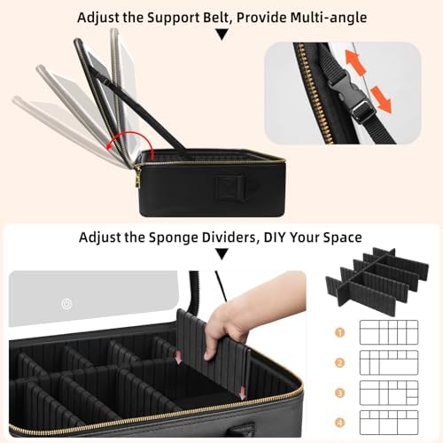 15''X11'' Large Capacity Makeup Bag with LED Mirror, Professional Makeup Case Organizer with 3 Color Light Adjustable Brightness, Travel Make up Cosmetic Case with Detachable Dividers & Shoulder Strap - Image 4