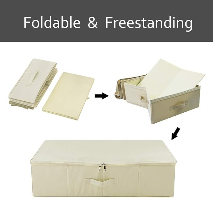 Folding Underbed Shoes Clothes Storage Organizer Basket with Zip Lid,Beige | Underbed Clothes Organizer Basket, Garment Storage Boxes, folding washable rigid sturdy storage bins for clothing shoes duvet - Image 5