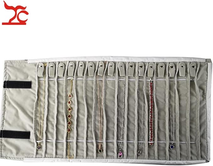 Travel Necklace Organizer, Tangle Free Jewelry Case, 16 Slots | Foldable,LightWeight Compact, Velvet Lining Jewelry Storage Bag for Chain Bracelet, Gift for Women Girls,Black PU and Gray - Image 3