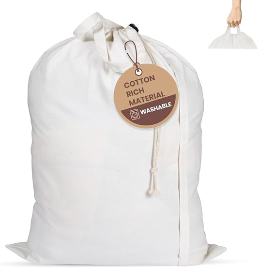 LFH Home Cotton Rich Canvas Extra Large Laundry Bag with Handle, Heavy Duty Drawstring Closure Washable Laundry Bags School Travel, Home, Hotel, College Dorm, Organizer Sack, Toys 28x40-White by LFHHomePrivateLimited