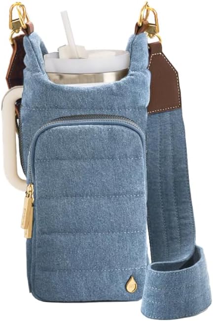 WanderFull Original HydroBag HANDLE®, Zipper for Handle, 40 oz Water Bottle Holder w/Strap, Crossbody Carrier Bag w/Phone Pocket, Tumbler Accessories - Light Denim by WanderFull