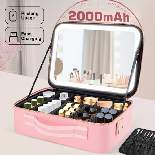 15''X11'' Large Capacity Makeup Bag with LED Mirror, Professional Makeup Case Organizer with 3 Color Light Adjustable Brightness, Travel Make up Cosmetic Case with Detachable Dividers & Shoulder Strap - Image 3