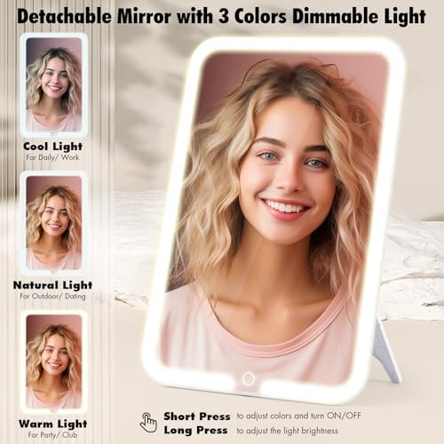 15''X11'' Makeup Bag with Removeable Lighted Mirror, Travel Makeup Case with 3 Color Lights Dimmable Brightness, Large Capacity Cosmetic Organizer Case with Detachable Dividers & Shoulder Strap - Image 2