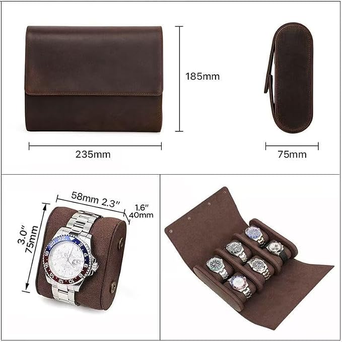 Genuine Leather Watch Roll Travel Case,Vintage Full Grain Leather Watch Box with Pillow for Men,Watch Storage Organizer for Home Storage,Travel Watch Organizer Box (6 Slots) - Image 3