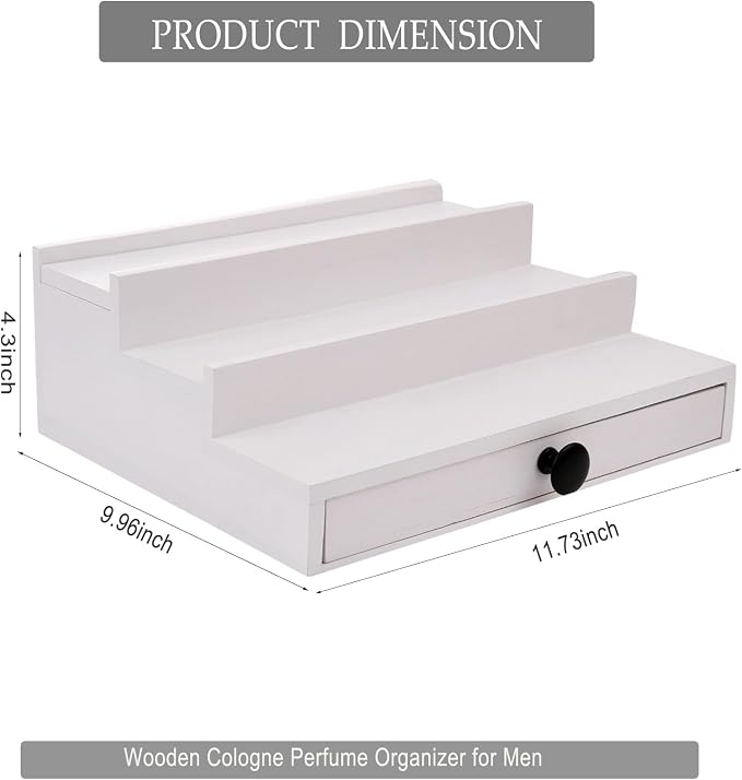 4 Tier Men's Cologne Organizer, White Wooden Display Stand with Drawer | Cologne Shelf and Rack, Perfume Tray, Hidden Storage, Multi-compartment, Dresser Display, Birthday Christmas Gift for Men - Image 6