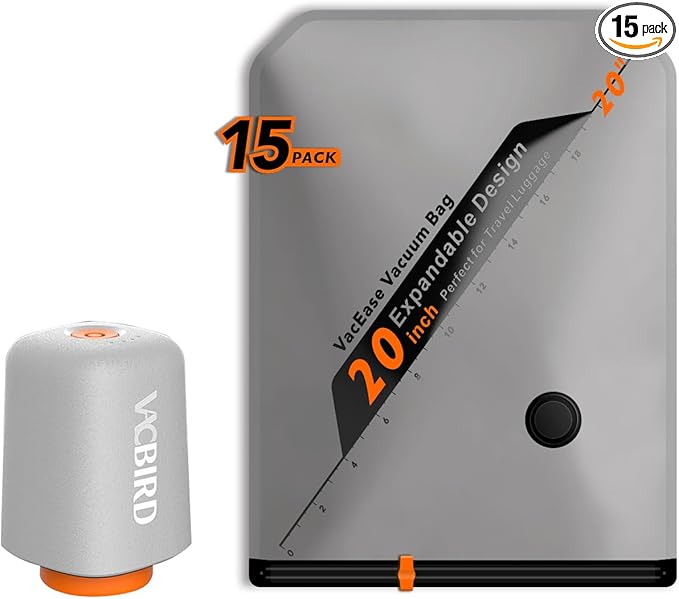 Rechargeable Wireless Pump Travel Storage Bags Set - 15 Pack Small Size Vacuum Bags for Travel & Home, Space-Saving Compression Packing for Clothes, Suitcase Luggage