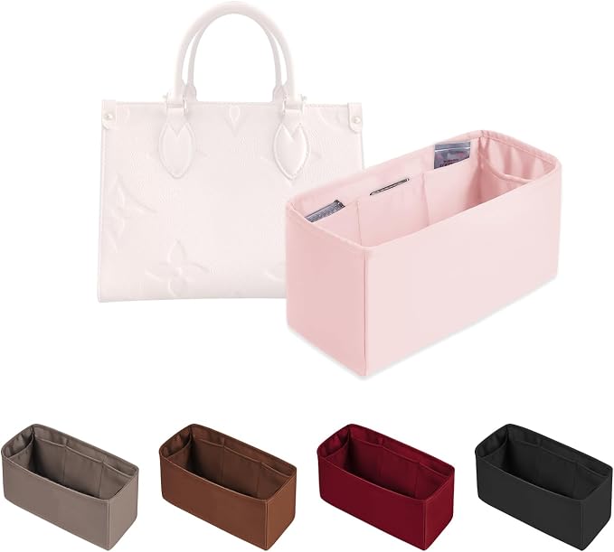 Organizer Insert for Onthego MM, Satin Purse Organizer for Luxury Bag, Lightweight and Soft Purse Dividers for Woman Handbags, Multiple Pockets with Organized Capacity (Pink, MM) by KINGSINBAG