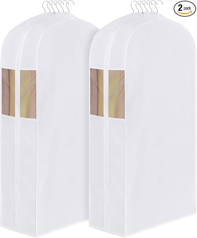 Univivi Premium Cotton Garment Bags for Hanging Clothes and Storage, 50 Inch Washable Suit Cover Bag with Extra Large 10" Gusset & Clear Window - Perfect for Suits, Coats, Jackets - 2 Pack by Univivi