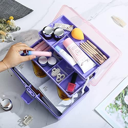 Kinsorcai 12'' Three-Layer Clear Plastic Storage Box/Tool Box, Multipurpose Organizer and Portable Handled Storage Case for Art Craft and Cosmetic (Purple) - Image 6