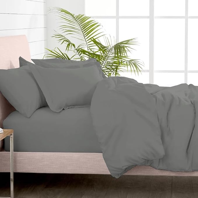 Pizuna 100% Cotton Queen 1 Pc Duvet Cover + 1 Pc Fitted Sheet Set 400 Thread Count Dark Grey Sateen Weave Luxurious Long Staple Cotton 4 Piece Bedding Set -1 Duvet Cover,2 Pillow Shams,1 Fitted Sheet by Pizuna