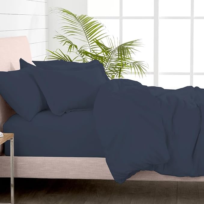 Pizuna 100% Cotton Queen 1 Pc Duvet Cover + 1 Pc Fitted Sheet Set 400 Thread Count Dark Blue Sateen Weave Luxurious Long Staple Cotton 4 Piece Bedding Set -1 Duvet Cover,2 Pillow Shams,1 Fitted Sheet by Pizuna