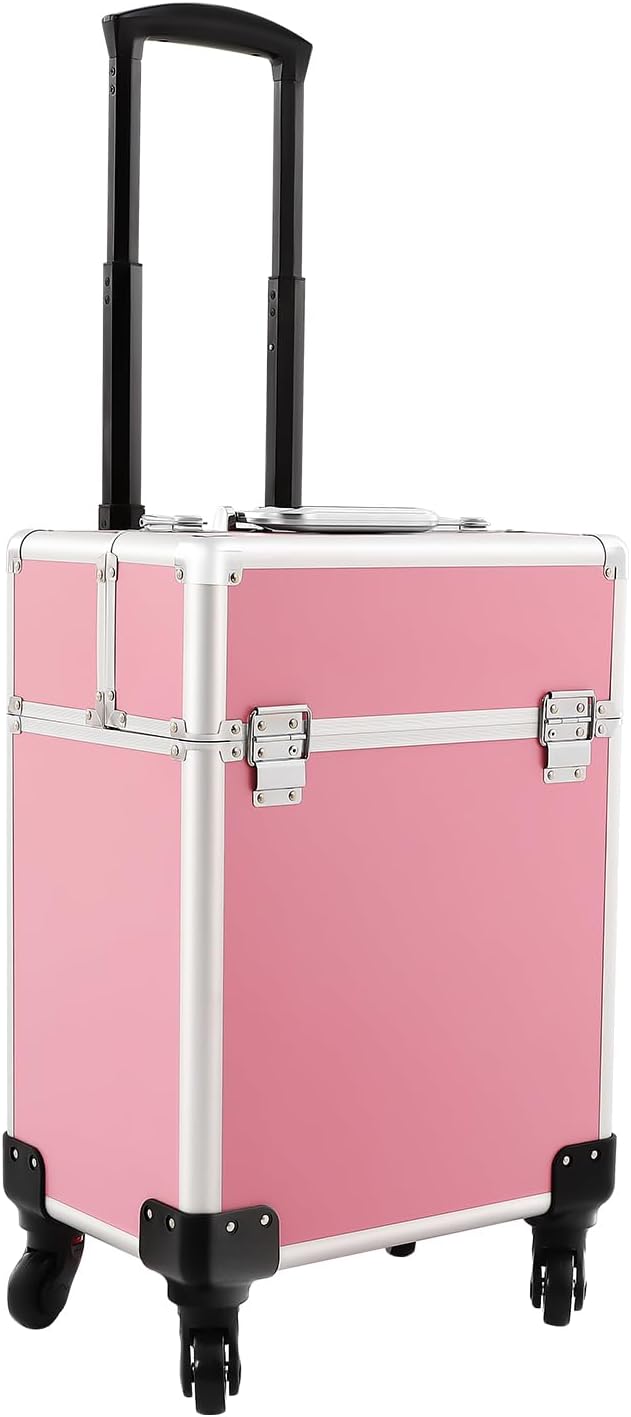 Makeup Train Case, Large Cosmetic Trolley with Locks, Aluminum Alloy Beauty Train Case Organizer, Pink by EcoTypee